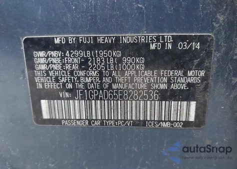 2014 Subaru Impreza 2.0I Premium из США, поврежденный, VIN JF1GPAD65E8282536